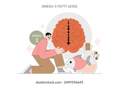 Ilustración del concepto de nutrición y salud mental que muestra los beneficios para la salud cerebral de los ácidos grasos omega-3 con pescado y Elementos de oliva. Ilustración vectorial.