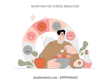 Ernährung und psychische Gesundheit Konzept. Einflüsse einer gesunden Ernährung auf Emotionen und Stressmanagement. Eine ausgewogene Ernährung beeinflusst die Stimmungsstabilität. Vektorgrafik.