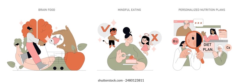 Nutrition and Mental Health set. Exploring the impact of diet on brain function, mindful eating habits, and customized dietary guidance. Vector illustration.