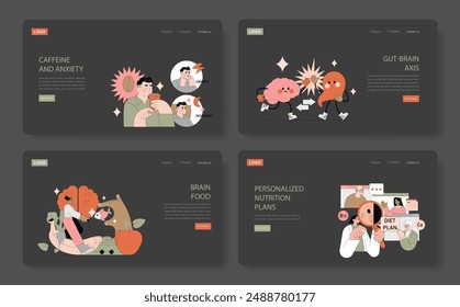 Nutrition and Mental Health set. Four web banners exploring the impact of diet on emotional well-being and cognitive function. Vector illustration.