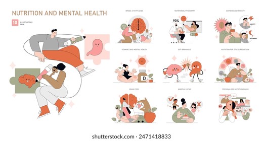 Nutrition and Mental Health set. Influences of dietary habits on psychological well-being. Omega-3, vitamin D benefits, stress reduction. Vector illustration.