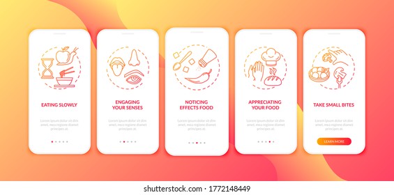 Nutrition mindfulness onboarding mobile app page screen with concepts. Appreciating food, eating slowly walkthrough 5 steps graphic instructions. UI vector template with RGB color illustrations