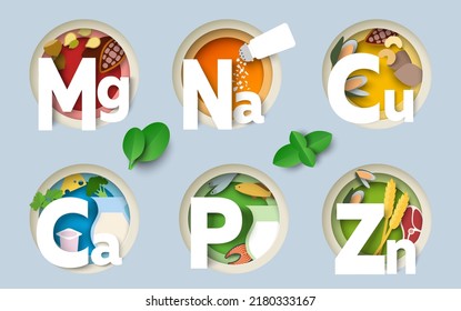 Nutrition minerals paper cut art style vector. Magnesium, sodium, copper, phosphorus, calcium and zinc food component illustration. Vitamin supplement for healthy eating diet infographic poster