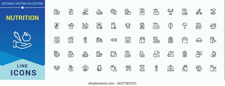 Nutrition modern icon set. Modern icons collection. Vector illustration. Nourishment linear icon collection. Pack of vitamin, food, supplement, metabolism, nutrient and more.