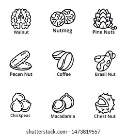 Nutrition nuts icon set. Outline set of 9 nutrition nuts vector icons for web design isolated on white background