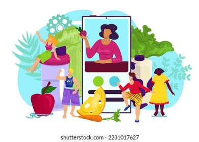 Nutrition online app for healthy woman diet in smartphone concept, vector illustration. Sport fitness lifestyle, cartoon weight loss training