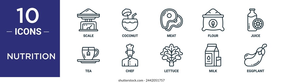 nutrition outline icon set includes thin line scale, coconut, meat, flour, juice, tea, chef icons for report, presentation, diagram, web design