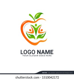 Nutrition with people and fruit object. Health care editable logo design.