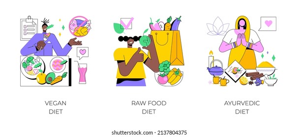 Nutrition plan abstract concept vector illustration set. Vegan diet, raw food organic meal, ayurvedic diet, healthy lifestyle, lose weight and feel better, vegetarian eating, greens abstract metaphor.