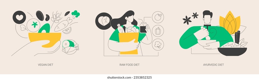 Nutrition plan abstract concept vector illustration set. Vegan diet, raw food organic meal, ayurvedic diet, healthy lifestyle, lose weight and feel better, vegetarian eating, greens abstract metaphor.