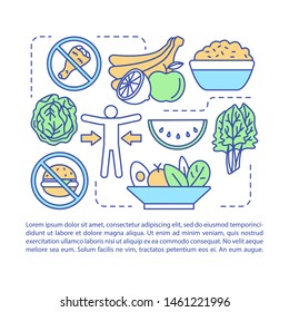 Nutrition plan article page vector template. Vegetarian lifestyle brochure, magazine, booklet design element with linear icons and text boxes. Print design. Concept illustrations with text space