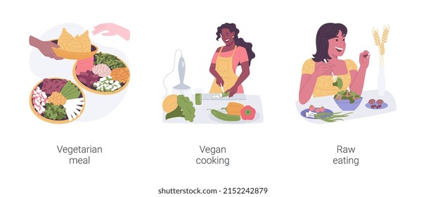 Nutrition Plan Isolated Cartoon Vector Illustrations Set. People Sharing Vegetarian Food, Sporty Girl Cooking Vegan Dish In The Kitchen, Smiling Woman Eating Raw Vegetable Salad Vector Cartoon.