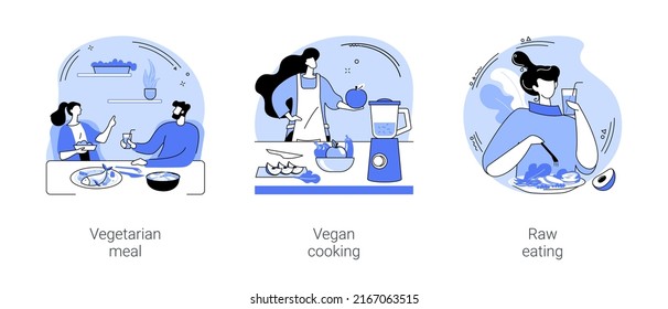 Nutrition plan isolated cartoon vector illustrations set. People sharing vegetarian food, sporty girl cooking vegan dish in the kitchen, smiling woman eating raw vegetable salad vector cartoon.