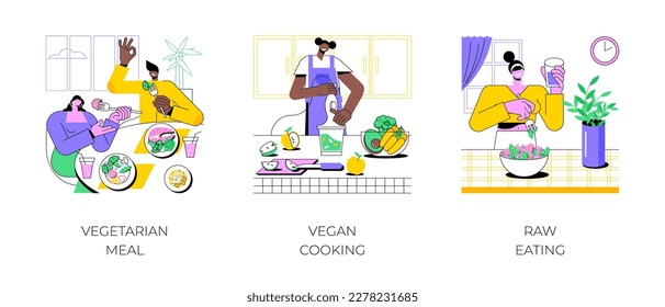 Nutrition plan isolated cartoon vector illustrations set. People sharing vegetarian food, sporty girl cooking vegan dish in the kitchen, smiling woman eating raw vegetable salad vector cartoon.