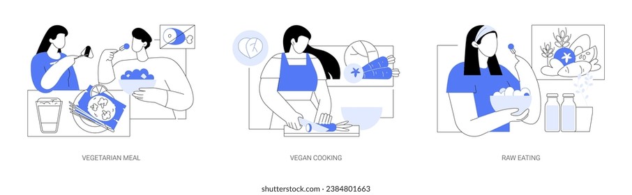 Nutrition plan isolated cartoon vector illustrations set. People sharing vegetarian food, sporty girl cooking vegan dish in the kitchen, smiling woman eating raw vegetable salad vector cartoon.