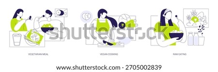 Nutrition plan isolated cartoon vector illustrations set. People sharing vegetarian food, sporty girl cooking vegan dish in the kitchen, smiling woman eating raw vegetable salad vector cartoon.