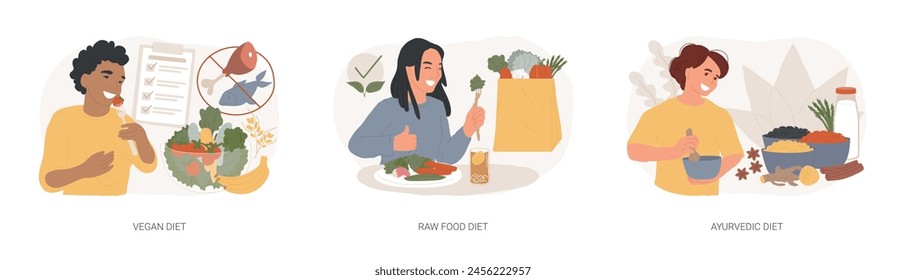 Nutrition Paket isoliertes Konzept Vektorillustration Set. Vegane Ernährung, Bio-Rohkost, ayurvedische Ernährung, gesunder Lebensstil, Abnehmen und sich besser fühlen, vegetarische Ernährung, grüne Vektorgrafik.