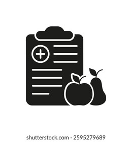 Nutrition Plan on Clipboard Solid Icon. Healthy Eating Schedule with Fruits Silhouette Symbol. Isolated Vector Illustration.