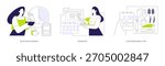 Nutrition planning isolated cartoon vector illustrations set. Intermittent fasting, woman eating and looking at watch, Dukan diet, protein-rich meal, flexitarian plan, food variety vector cartoon.