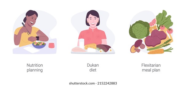 Nutrition planning isolated cartoon vector illustrations set. Intermittent fasting, woman eating and looking at watch, Dukan diet, protein-rich meal, flexitarian plan, food variety vector cartoon.