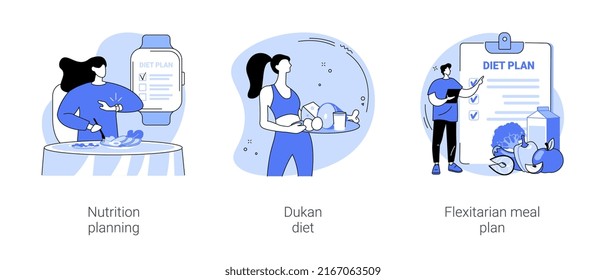 Nutrition planning isolated cartoon vector illustrations set. Intermittent fasting, woman eating and looking at watch, Dukan diet, protein-rich meal, flexitarian plan, food variety vector cartoon.