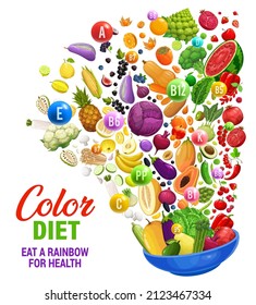 Placa nutricional de la dieta color arcoiris con frutas, verduras y vitaminas. Sistema de dieta, programa de nutrición saludable afiche vectorial con caídas en placas grandes o verduras y bayas a color maduro