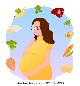 Nutrition Of A Pregnant Woman. Diet During Pregnancy. Food For A Pregnant Woman. Vector Illustration.