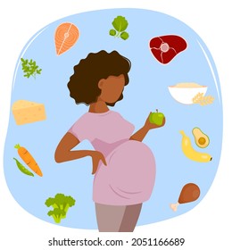 Nutrition of pregnant woman. Food for pregnant woman. Diet during pregnancy. Vector illustration.