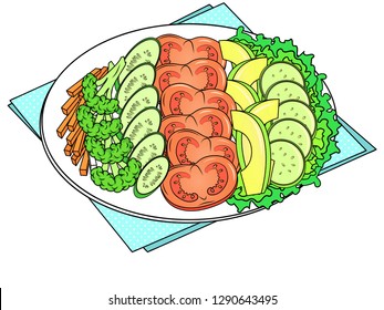 Nutrition products on a plate. A set of vegetables and fruits. Object on white background. Vector illustration