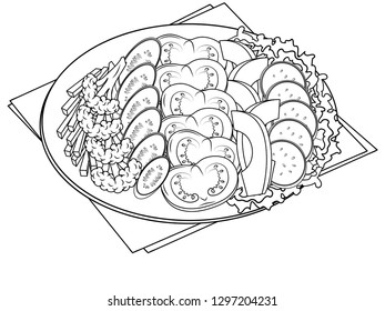 Nutrition products on a plate. A set of vegetables and fruits. Coloring, black lines on a white background. Vector illustration