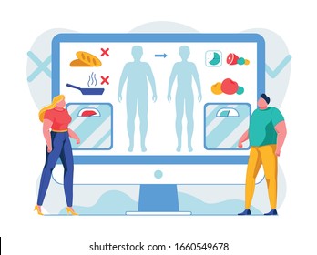 Reglas de nutrición para la iluminación plana de pérdida de peso. Personas Analizando Los Hábitos De Consumo De Comida Personajes De Caricatura. Hombre Eligiendo Una Dieta Saludable Y Equilibrada. Mujer rechazando comida frita dañina