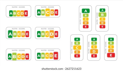 Nutrition score labels for food and drink. Designed for packaging or educational purposes. Vector illustration isolated on transparent background.