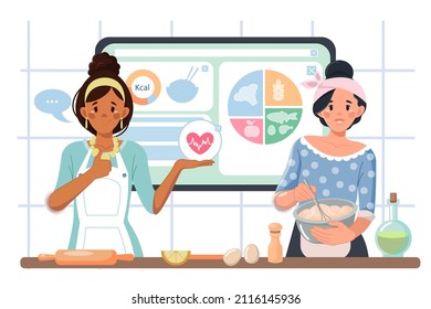 Nutrition Seminar On The Concept Of Healthy Eating . Cartoon Characters-women Cook Food. An Online Course Or A Live Webinar With A Professional Chef. Vector Illustration Of A Culinary Master Class