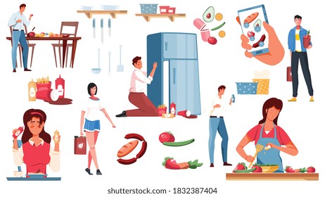 Nutrition set with flat icons and isolated images of food products ingredients and calories control app vector illustration