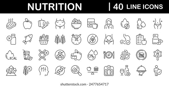 Nutrition set of web icons in line style. Healthy food linear icon collection. Containing food, vegetables, water, palm oil free, сaunt calories, zero trans fat, probiotics and more. Editable stroke