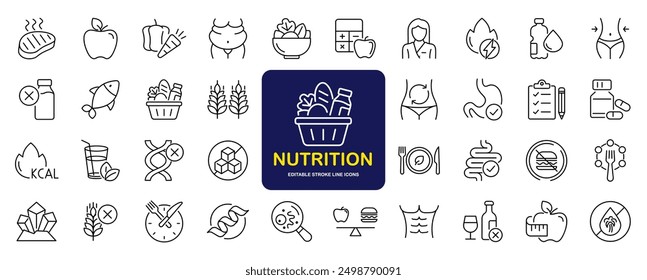 Nutrition set of web icons in line style. Healthy food linear icon collection. Containing food, vegetables, water, palm oil free, сaunt calories, zero trans fat, probiotics and more. Editable stroke