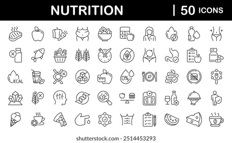 Nutrição conjunto de ícones da Web em estilo de linha. Coleção de ícones lineares de alimentos saudáveis. Contendo alimentos, legumes, água, óleo de palma livre, сcalorias de tia, gordura trans zero, probióticos e muito mais. Traçado editável