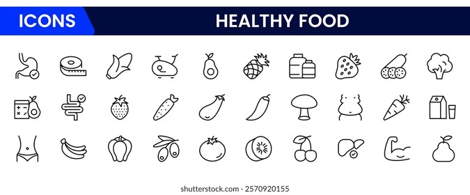 Nutrition set of web icons in line style. Healthy food linear icon collection. Containing food, vegetables, water, palm oil free, сaunt calories, zero trans fat, probiotics and more.