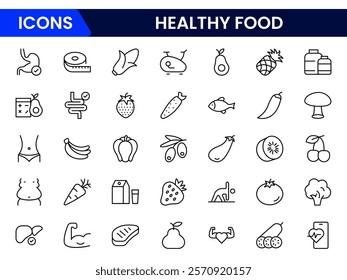 Nutrition set of web icons in line style. Healthy food linear icon collection. Containing food, vegetables, water, palm oil free, сaunt calories, zero trans fat, probiotics and more.