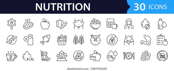 Nutrition set of web icons in line style. Healthy food linear icon collection. Containing food, vegetables, water, palm oil free, сaunt calories, zero trans fat, probiotics and more. Editable stroke