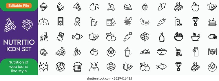 Nutrition set of web icons in line style. Healthy food linear icon collection. Containing food, vegetables, water, palm oil free, сaunt calories, zero trans fat, probiotics Line icon. Editable stroke.