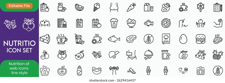 Nutrition set of web icons in line style. Healthy food linear icon collection. Containing food, vegetables, water, palm oil free, сaunt calories, zero trans fat, probiotics Line icon. Editable stroke.