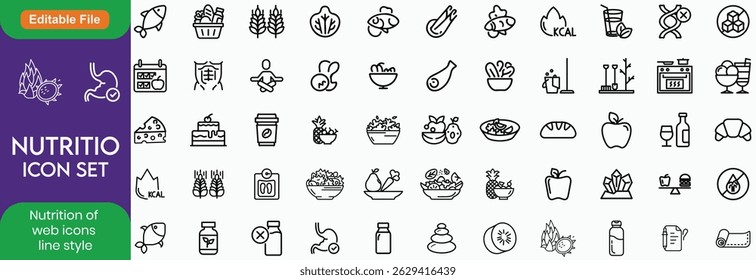 Nutrition set of web icons in line style. Healthy food linear icon collection. Containing food, vegetables, water, palm oil free, сaunt calories, zero trans fat, probiotics Line icon. Editable stroke.