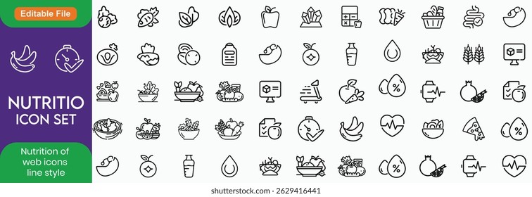 Nutrition set of web icons in line style. Healthy food linear icon collection. Containing food, vegetables, water, palm oil free, сaunt calories, zero trans fat, probiotics Line icon. Editable stroke.