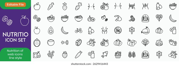 Nutrição conjunto de ícones da Web em estilo de linha. Coleção de ícones lineares de alimentos saudáveis. Contendo alimentos, legumes, água, óleo de palma livre, сcalorias tia, zero trans gordura, probióticos ícone Linha. Traçado editável.