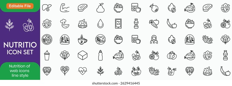 Nutrition set of web icons in line style. Healthy food linear icon collection. Containing food, vegetables, water, palm oil free, сaunt calories, zero trans fat, probiotics Line icon. Editable stroke.