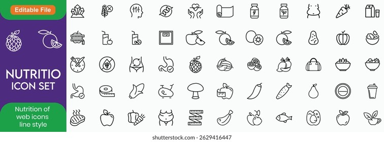 Nutrition set of web icons in line style. Healthy food linear icon collection. Containing food, vegetables, water, palm oil free, сaunt calories, zero trans fat, probiotics Line icon. Editable stroke.