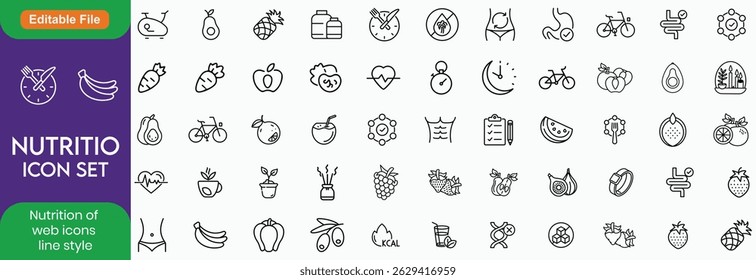 Nutrition set of web icons in line style. Healthy food linear icon collection. Containing food, vegetables, water, palm oil free, сaunt calories, zero trans fat, probiotics and more. Editable stroke