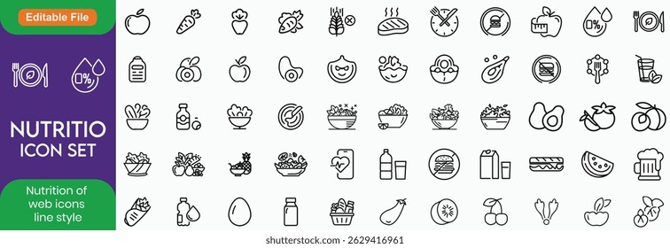 Nutrition set of web icons in line style. Healthy food linear icon collection. Containing food, vegetables, water, palm oil free, сaunt calories, zero trans fat, probiotics and more. Editable stroke