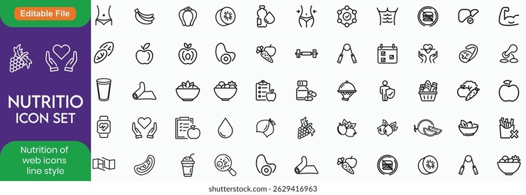 Nutrition set of web icons in line style. Healthy food linear icon collection. Containing food, vegetables, water, palm oil free, сaunt calories, zero trans fat, probiotics and more. Editable stroke